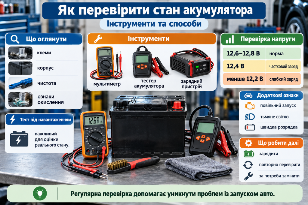 Інфографіка про перевірку автомобільного акумулятора мультиметром і спеціальним тестером, вимірювання напруги та визначення ознак несправності.