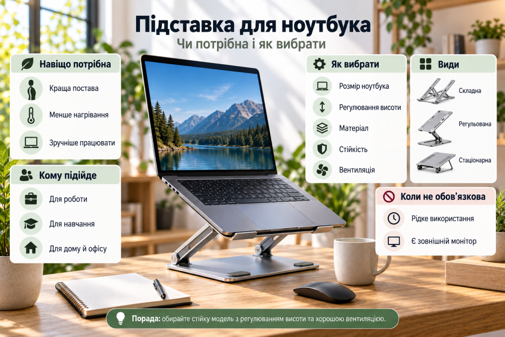 Інфографіка про підставку для ноутбука, її переваги, основні види та критерії правильного вибору